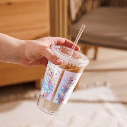 Handheld clear tumbler with colorful anime characters, filled with iced coffee, perfect for on-the-go hydration.
