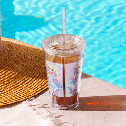 Clear tumbler featuring vibrant anime characters by a pool, perfect for stylish hydration on warm days.