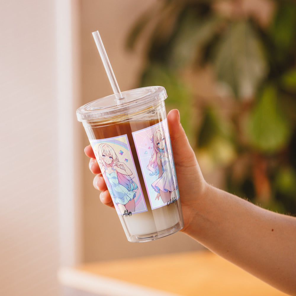 Clear tumbler held in hand, featuring vibrant anime characters and a matching straw, perfect for stylish hydration.