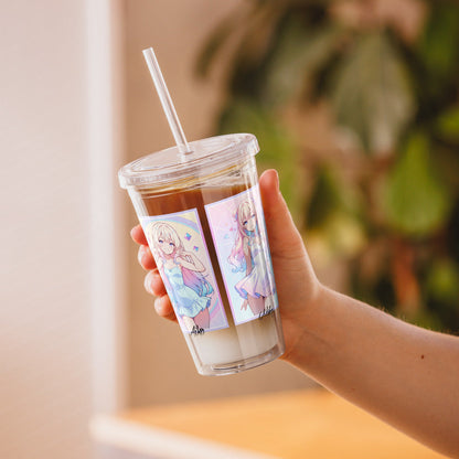Clear tumbler held in hand, featuring vibrant anime characters and a matching straw, perfect for stylish hydration.