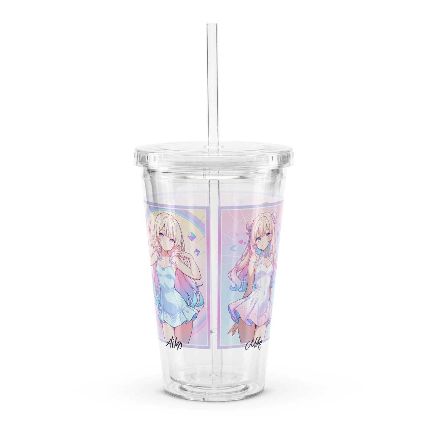 Clear tumbler featuring vibrant anime illustrations of Aiko, perfect for stylish hydration on the go.