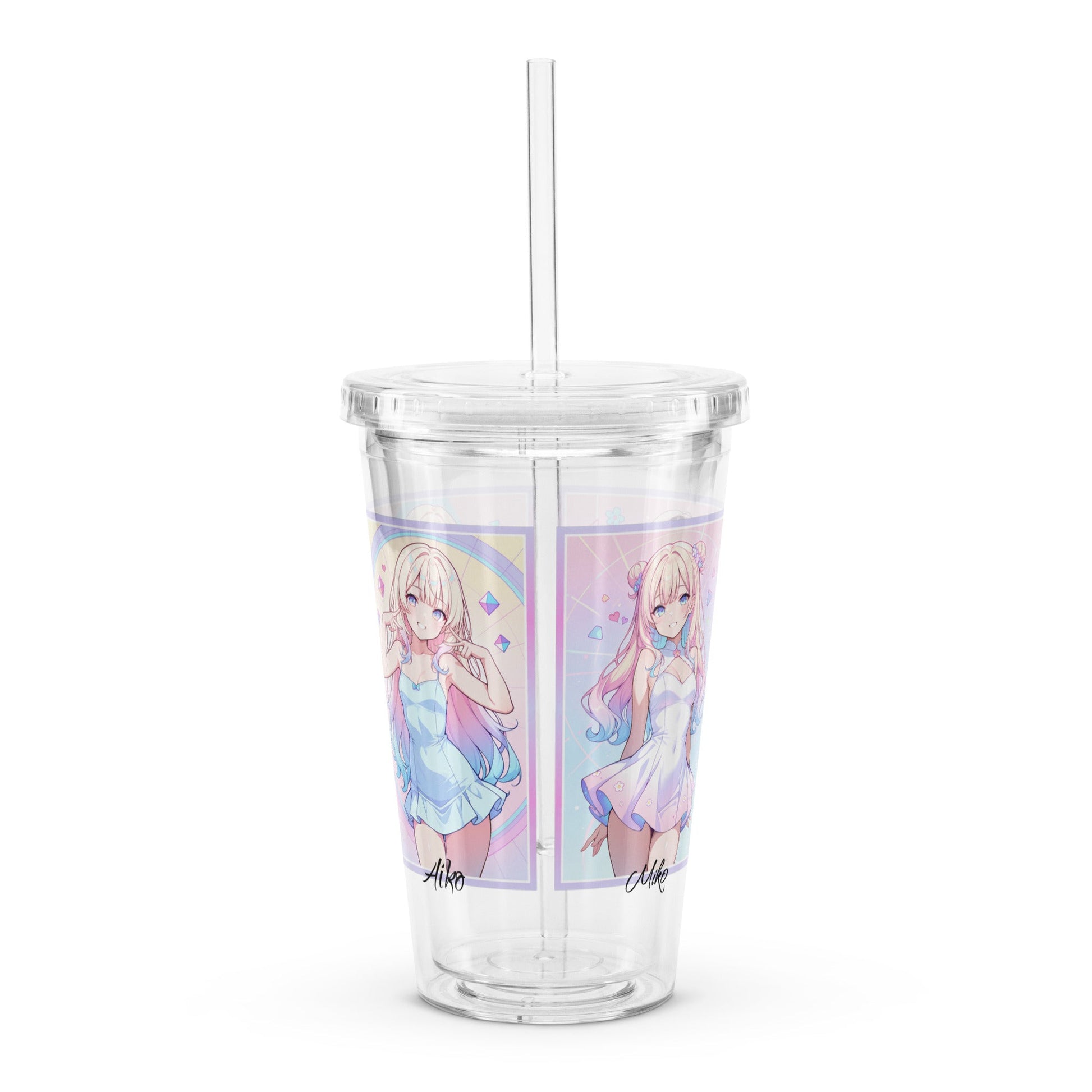 Clear tumbler featuring vibrant anime illustrations of Aiko, perfect for stylish hydration on the go.
