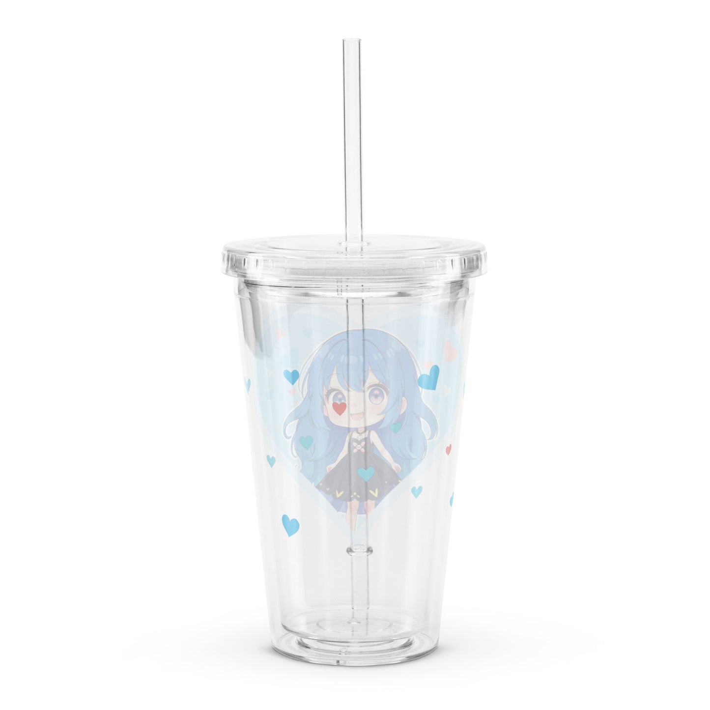 Clear tumbler featuring a blue-haired chibi character framed by pastel hearts, perfect for Valentine’s Day sipping.