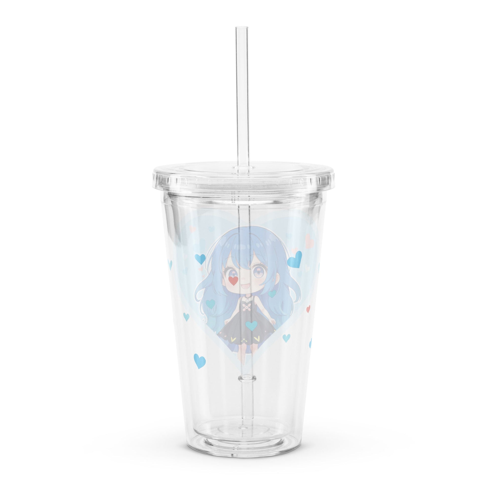 Clear tumbler featuring a blue-haired chibi character framed by pastel hearts, perfect for Valentine’s Day sipping.