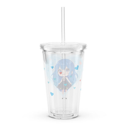 Clear tumbler featuring a blue-haired chibi character framed by pastel hearts, perfect for Valentine’s Day sipping.