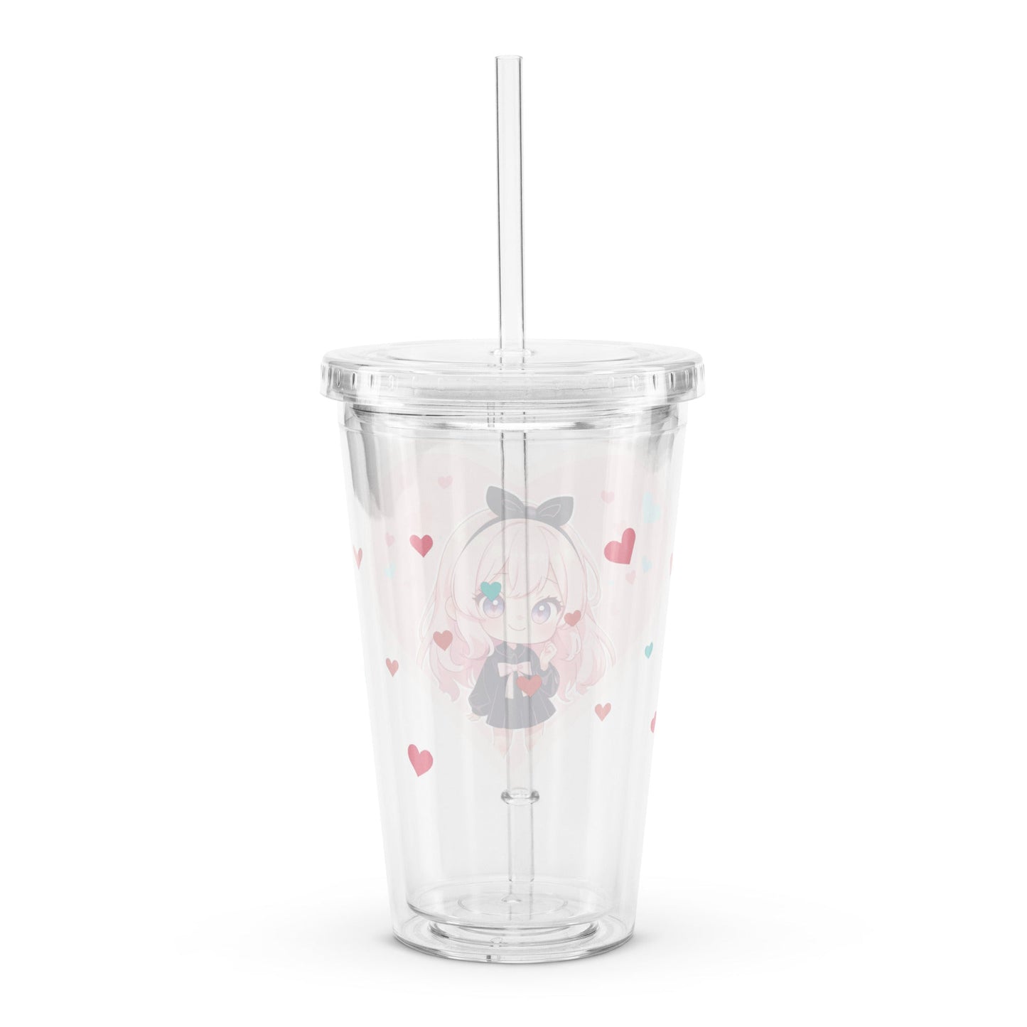 Clear tumbler featuring a cute chibi character surrounded by pastel pink hearts, perfect for Valentine's Day.