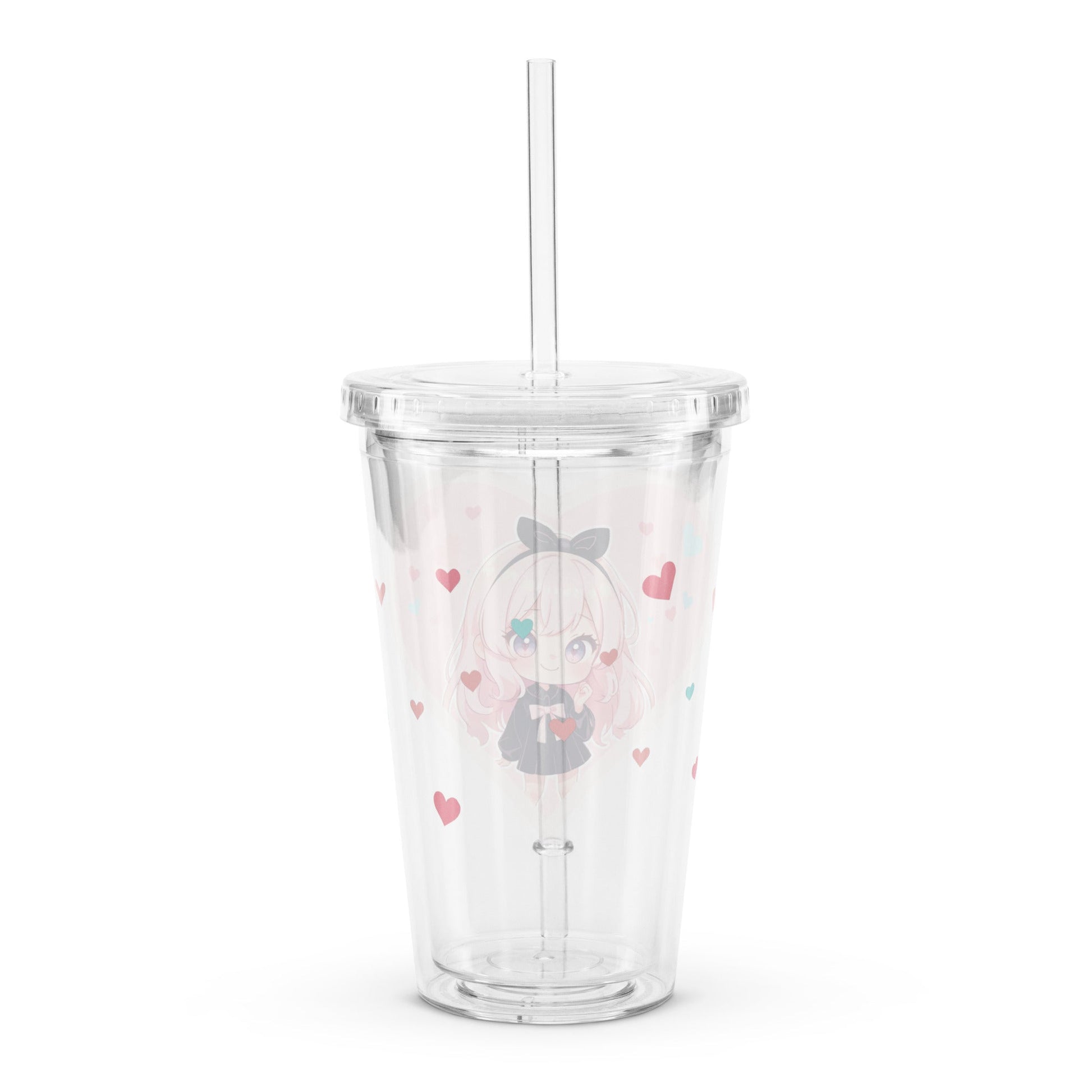 Clear tumbler featuring a cute chibi character surrounded by pastel pink hearts, perfect for Valentine's Day.