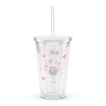 Clear tumbler featuring a cute chibi character surrounded by pastel pink hearts, perfect for Valentine's Day.