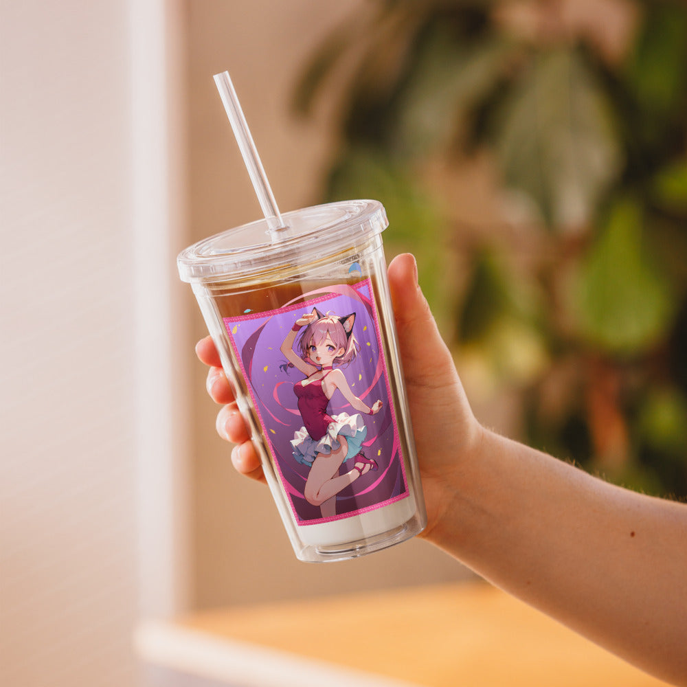 Clear tumbler featuring a ballet girl illustration in pinks and purples, perfect for stylish hydration on the go.