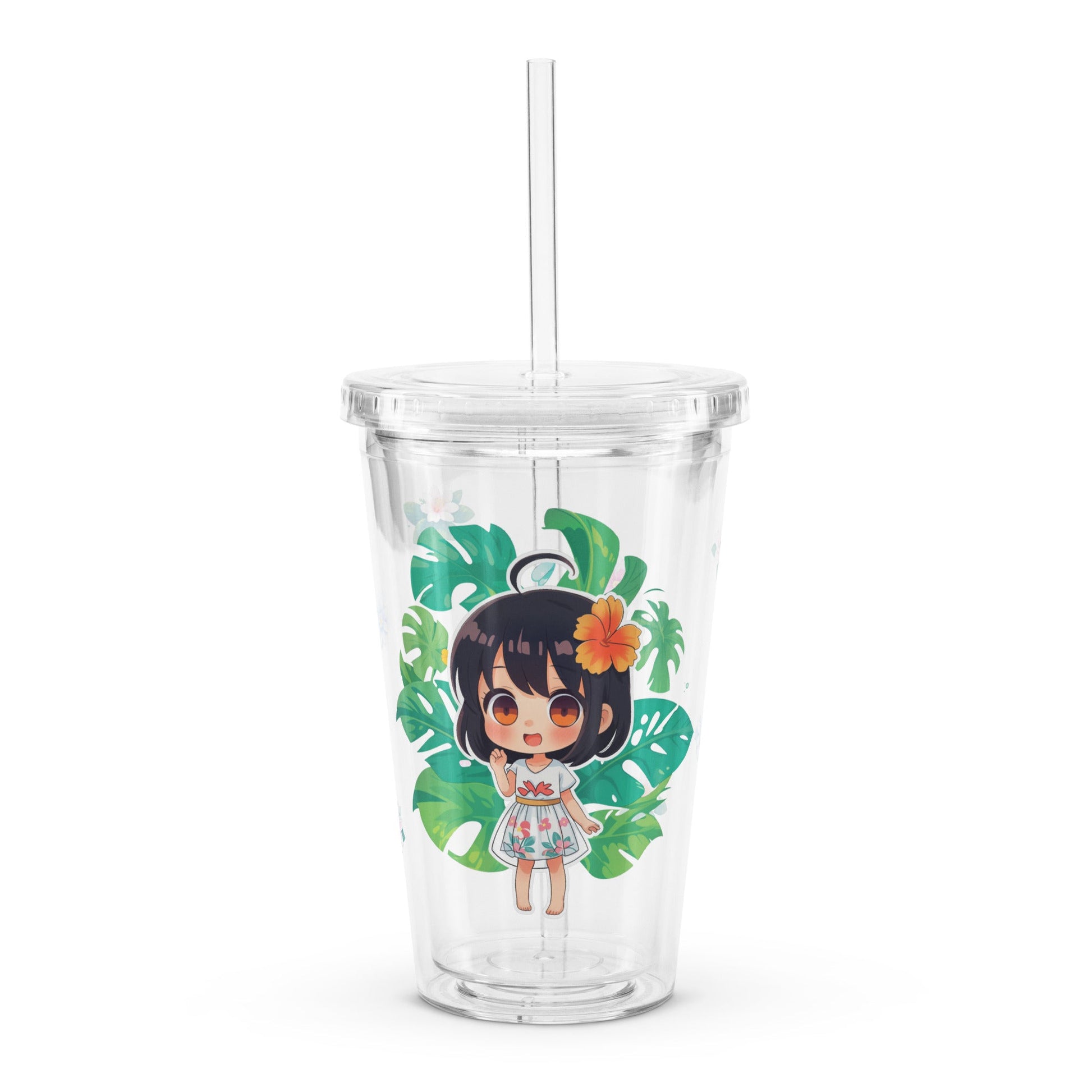 Clear tumbler featuring a chibi character with dark hair and a flower, surrounded by tropical leaves and vibrant colors.