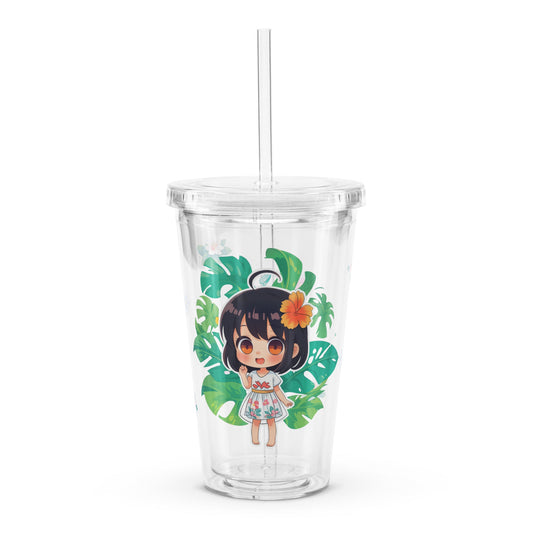 Clear tumbler featuring a chibi character with dark hair and a flower, surrounded by tropical leaves and vibrant colors.