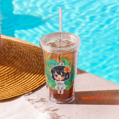 Clear tumbler featuring a chibi character surrounded by tropical leaves, perfect for summer drinks by the pool.