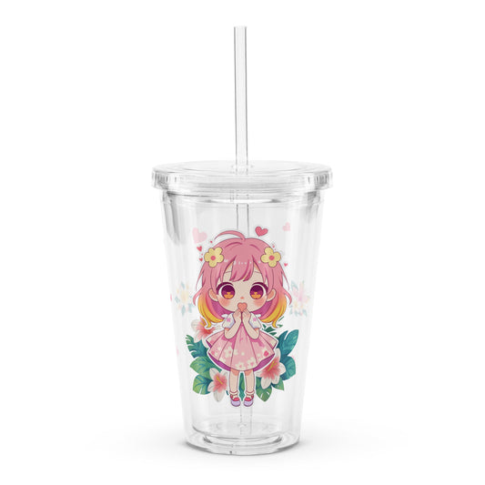 Clear tumbler featuring a cute chibi character with pink hair and floral accents, perfect for summer sipping.