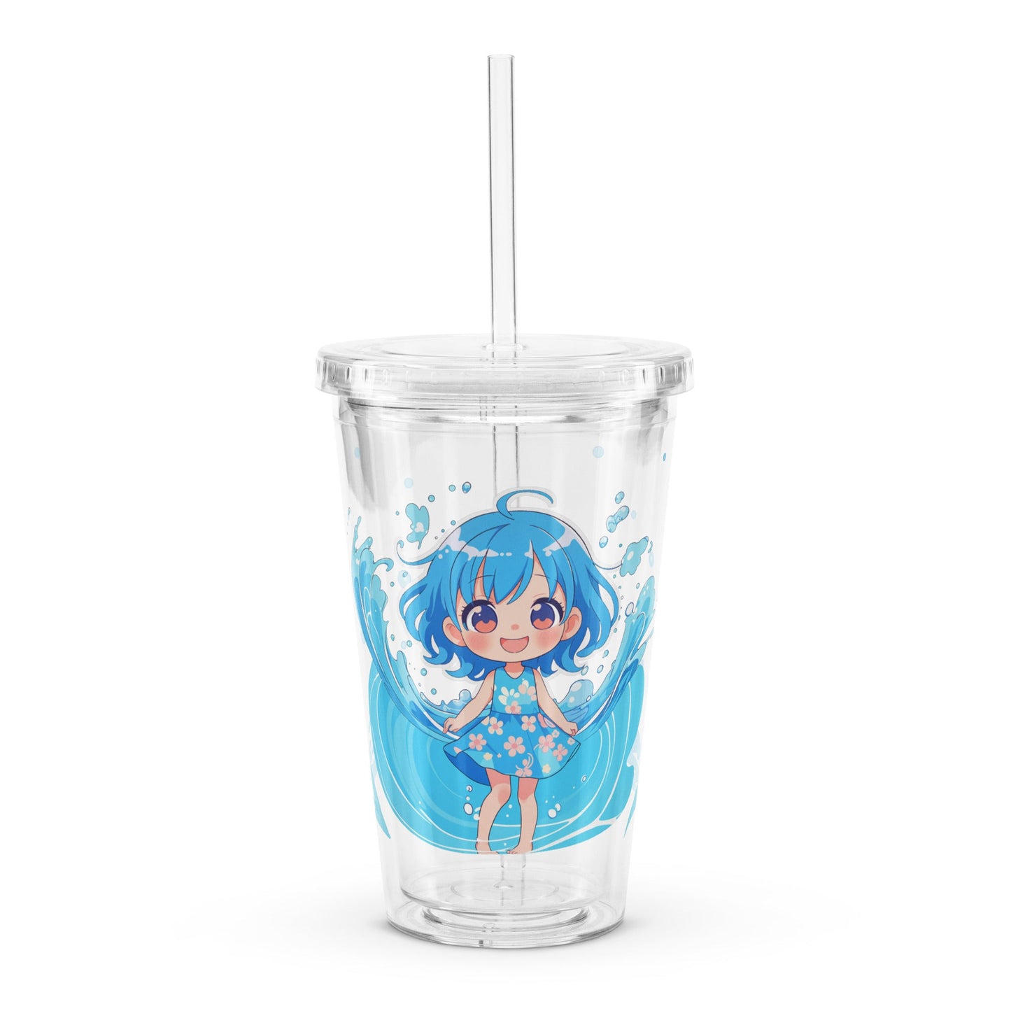 Clear tumbler featuring a cheerful character with blue hair and a floral dress, surrounded by playful waves. Perfect for summ