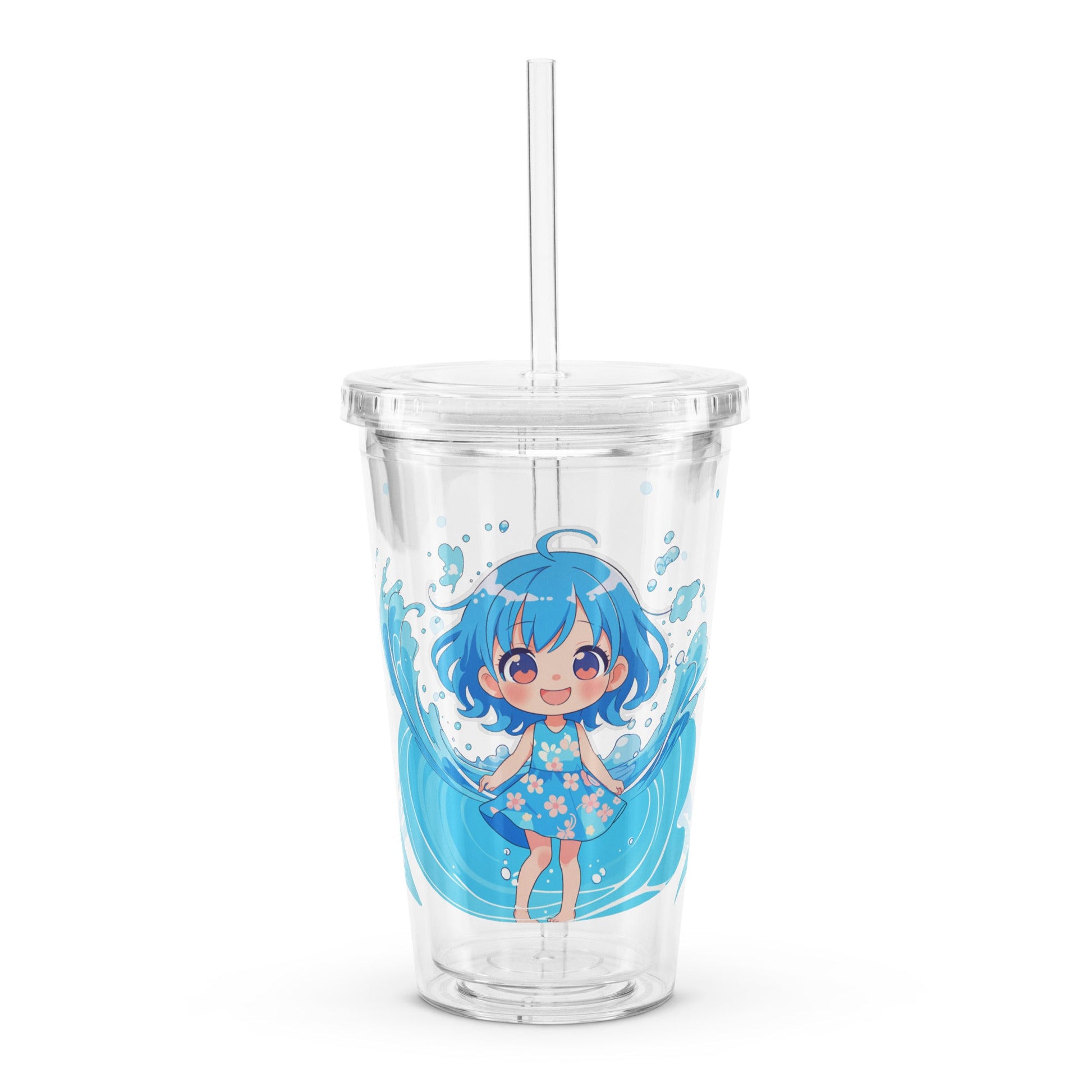 Clear tumbler featuring a cheerful character with blue hair and a floral dress, surrounded by playful waves. Perfect for summ