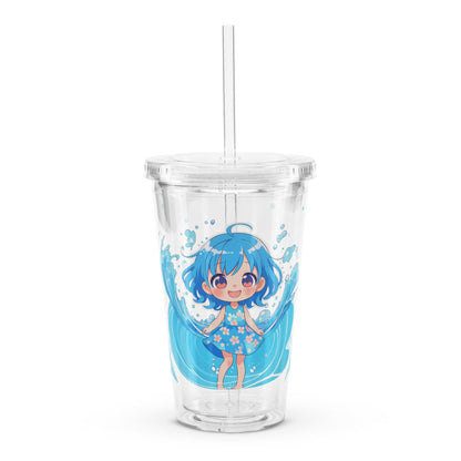 Clear tumbler featuring a cheerful character with blue hair and a floral dress, surrounded by playful waves. Perfect for summ