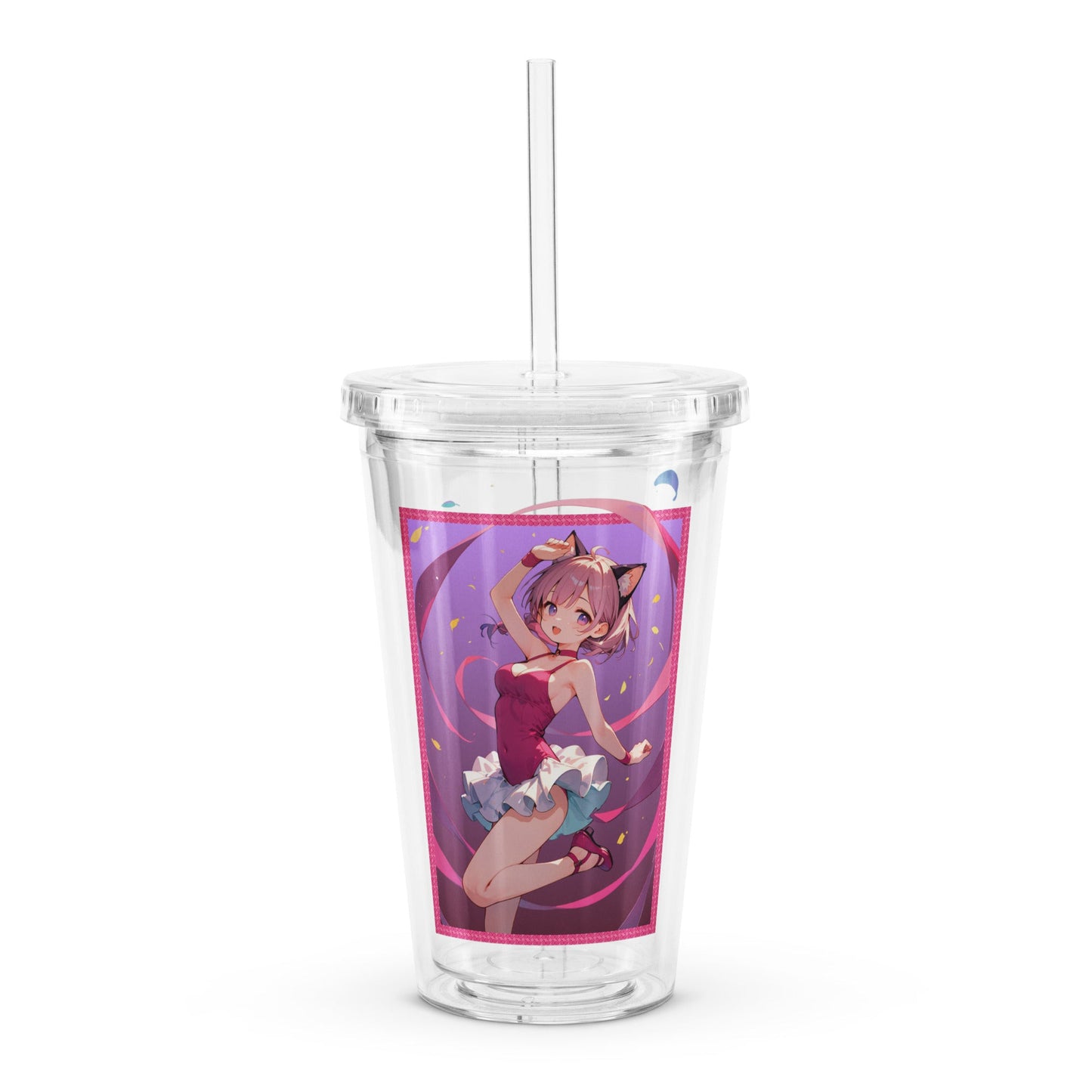 Clear tumbler featuring a cute ballet girl in pinks and purples, perfect for dance lovers and stylish sipping on the go.