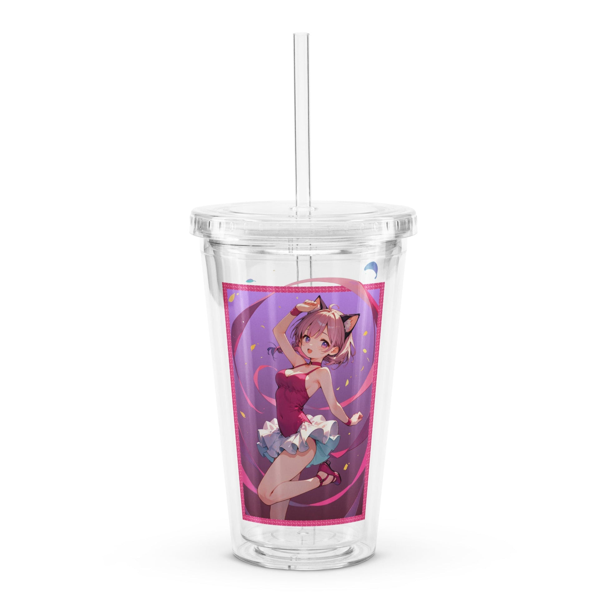 Clear tumbler featuring a cute ballet girl in pinks and purples, perfect for dance lovers and stylish sipping on the go.