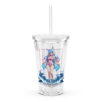 Clear tumbler featuring the Aqua Fox character with playful blue waves, perfect for stylish hydration on the go.