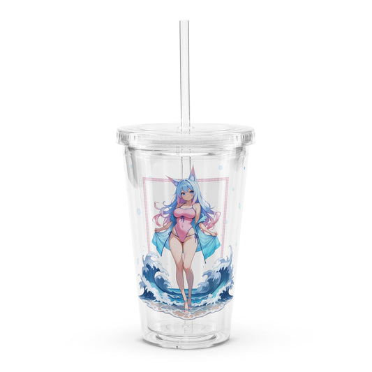 Clear tumbler featuring the Aqua Fox character with playful blue waves, perfect for stylish hydration on the go.