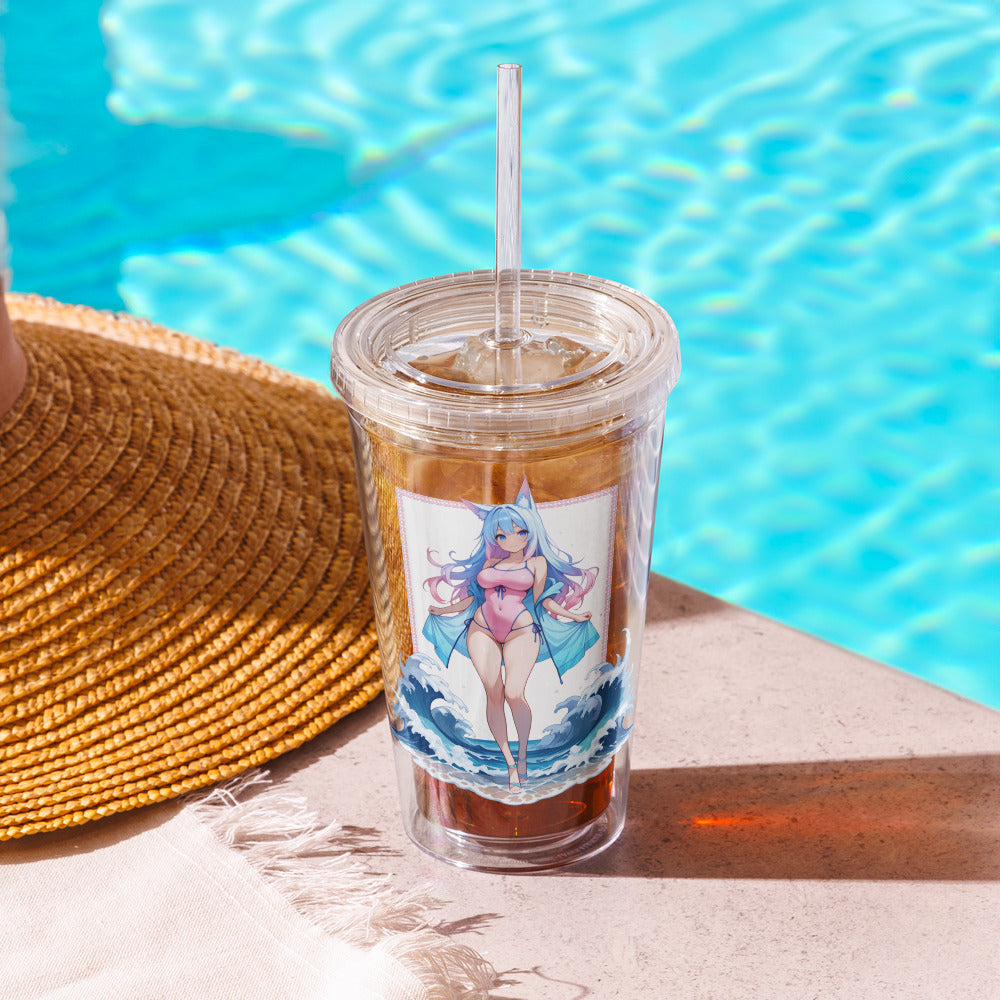A clear tumbler featuring a vibrant Aqua Fox design, set beside a pool with ice-cold drink and a straw for easy sipping.
