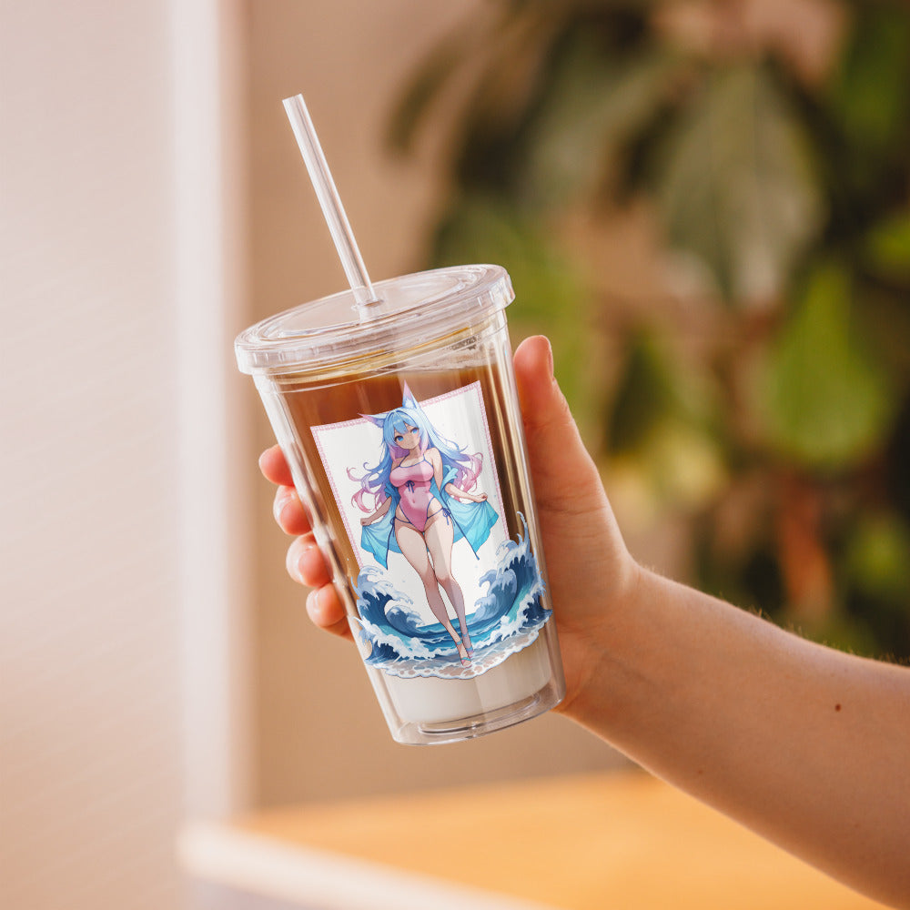 Clear tumbler featuring Aqua Fox art, surrounded by ocean waves, perfect for stylish sipping on the go.