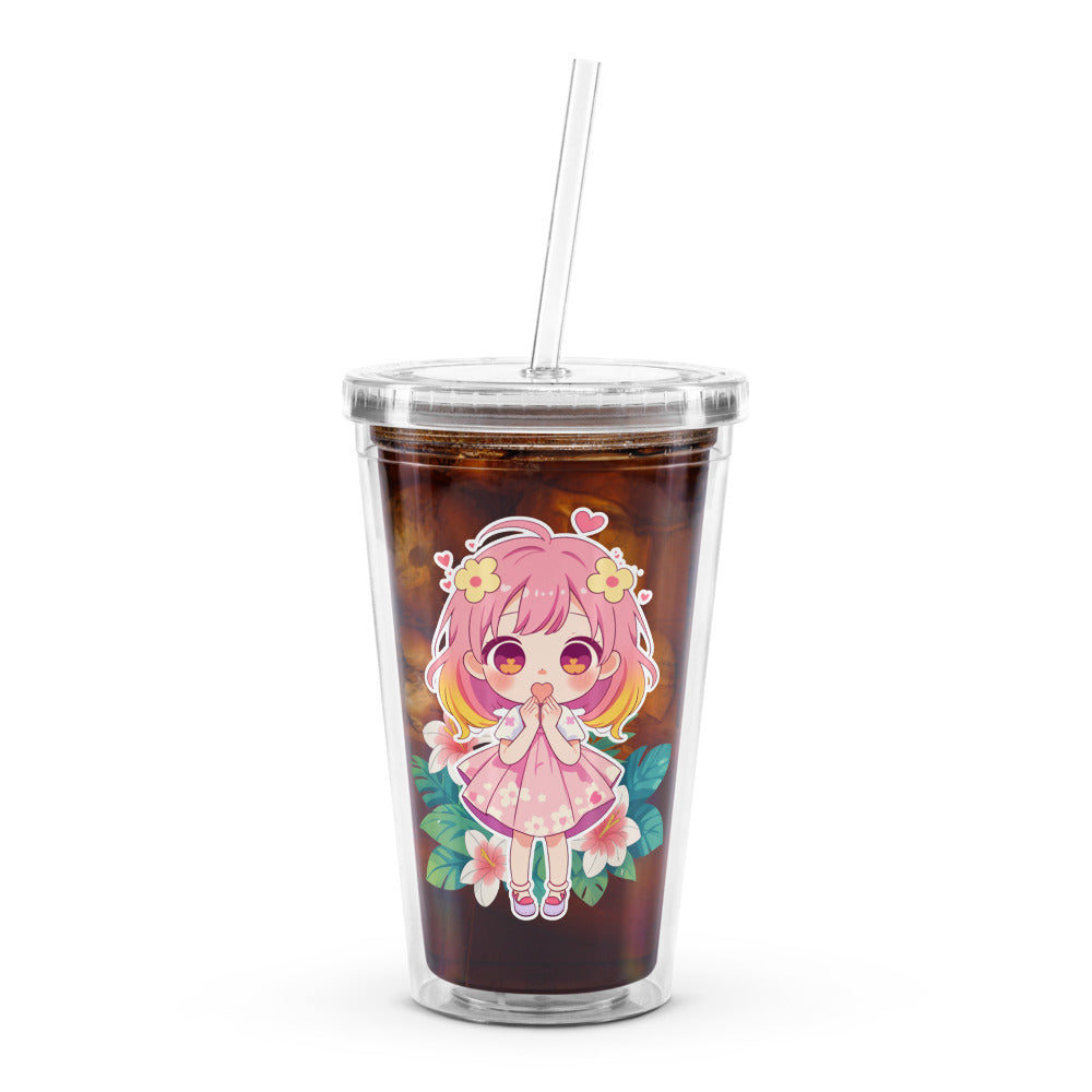 Charming 16oz tumbler with a kawaii character, tropical flowers, and a reusable straw for refreshing summer drinks.