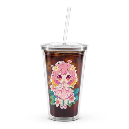 Charming 16oz tumbler with a kawaii character, tropical flowers, and a reusable straw for refreshing summer drinks.