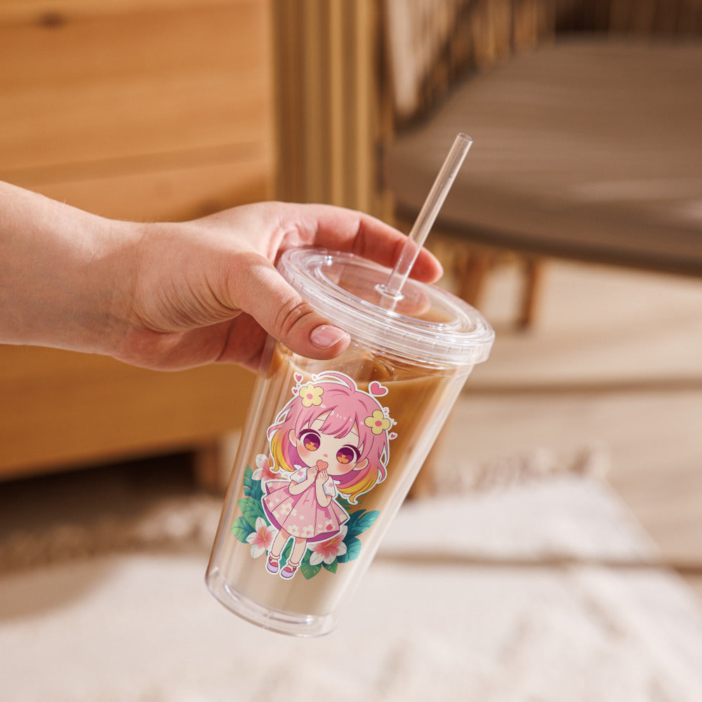 Clear tumbler featuring a kawaii character with pink hair and flowers, perfect for summer drinks on-the-go.