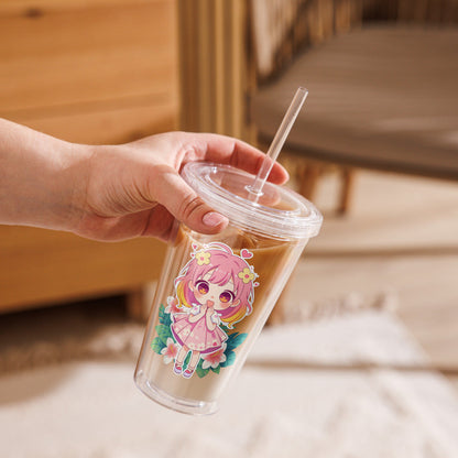 Clear tumbler featuring a kawaii character with pink hair and flowers, perfect for summer drinks on-the-go.