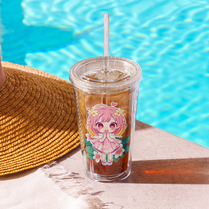Clear tumbler featuring a cute chibi character with pink hair and flowers, set by a sparkling poolside. Refreshing vibes!