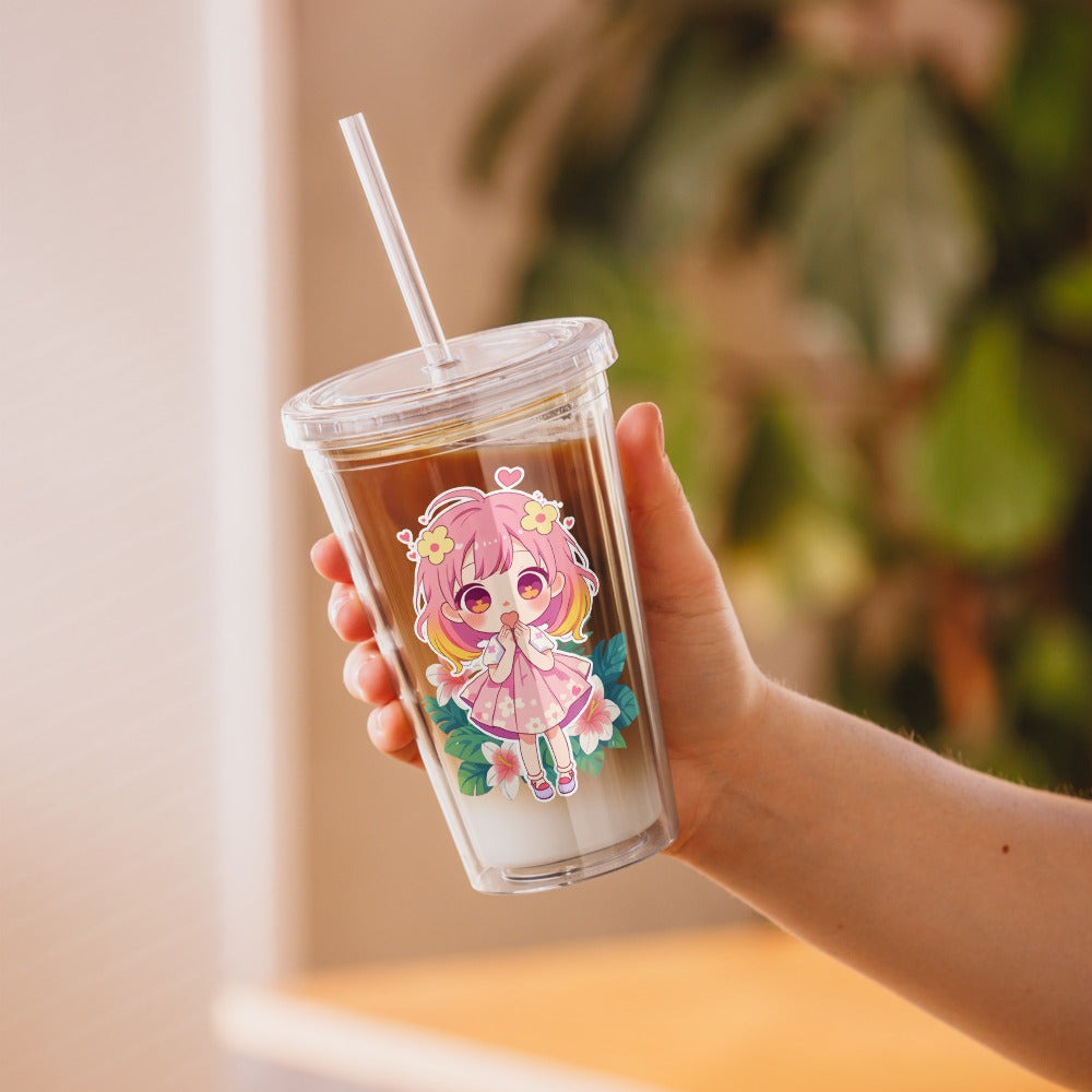 Clear plastic tumbler featuring a cute chibi character with pink hair and flowers, perfect for tropical drinks.