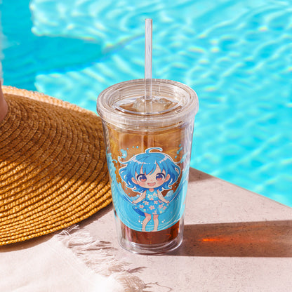 Kawaii tropical tumbler with vibrant blue character, enjoying a drink by a sparkling poolside, perfect for summer adventures.