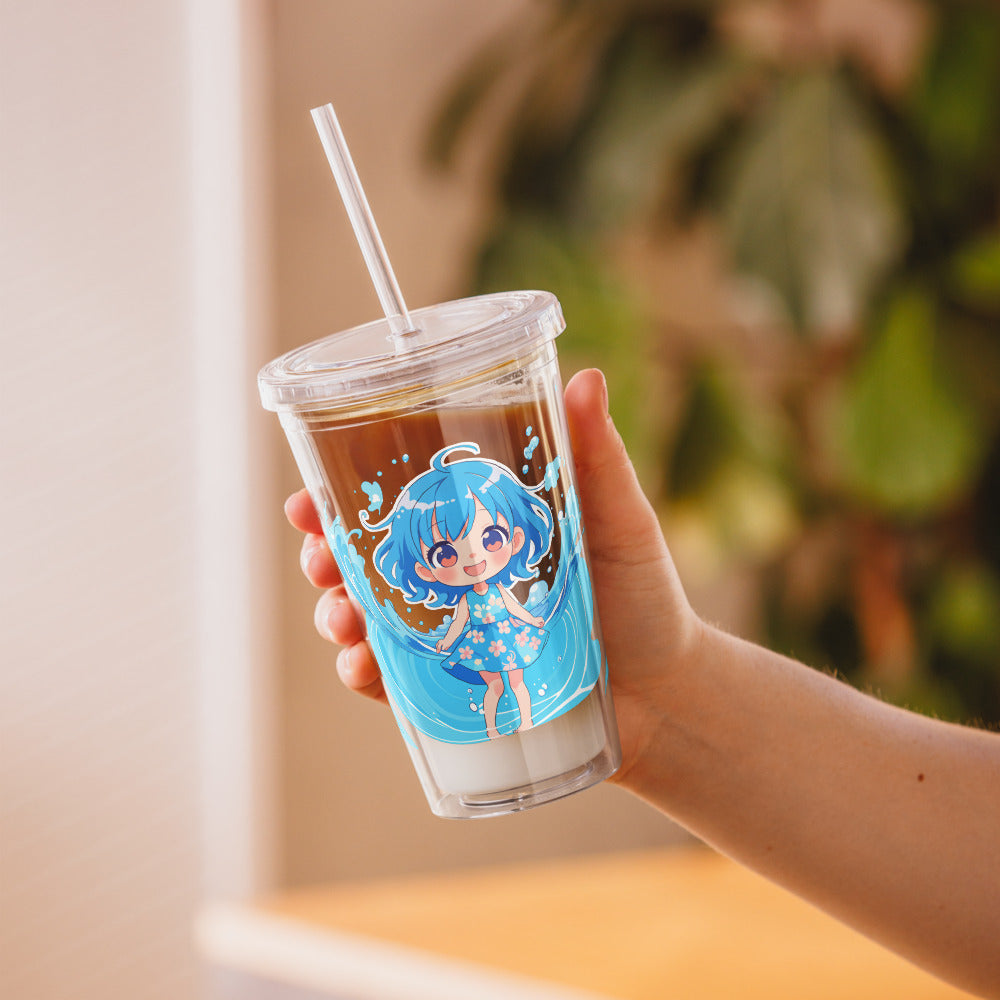 Clear tumbler featuring a kawaii character with blue hair and a floral outfit, perfect for summer drinks.