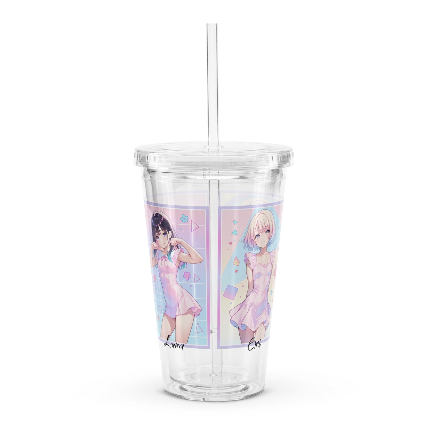 Clear tumbler showcasing vibrant anime characters, Luna and Emi, perfect for stylish hydration on the go.