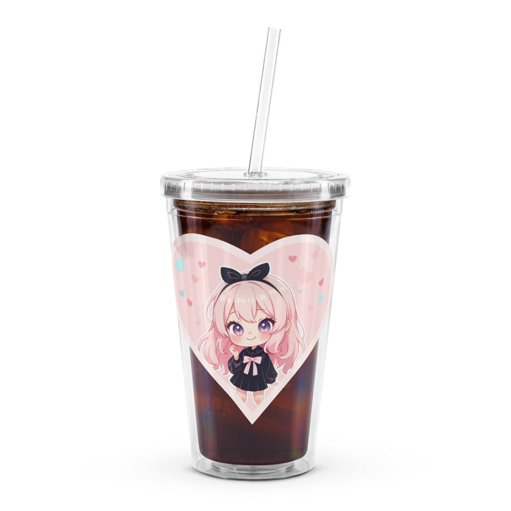 Clear tumbler featuring a chibi character in a pink heart, perfect for enjoying drinks in style this Valentine's Day.