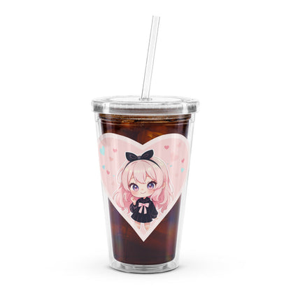 Clear tumbler featuring a chibi character in a pink heart, perfect for enjoying drinks in style this Valentine's Day.