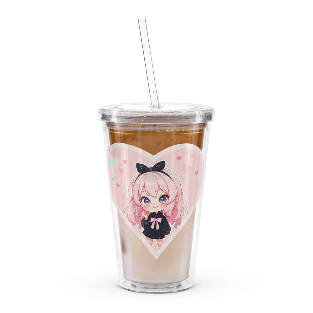 Cute 16oz tumbler featuring a chibi character in a pink heart, perfect for Valentine's Day drinks.