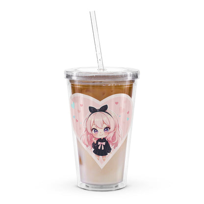 Cute 16oz tumbler featuring a chibi character in a pink heart, perfect for Valentine's Day drinks.