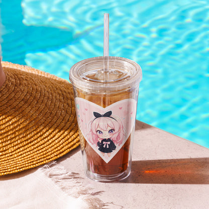 Cute pink tumbler featuring an anime character in a heart, perfect for drinks by the pool on Valentine's Day.