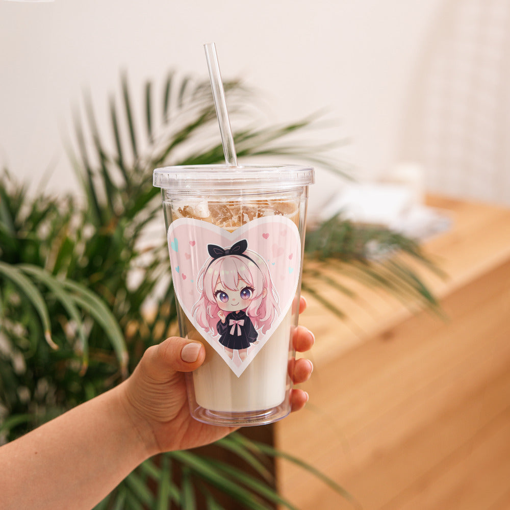 Adorable pink tumbler featuring a chibi character in a heart, perfect for stylish hydration this Valentine's Day.
