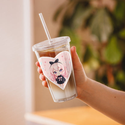 Adorable 16oz tumbler featuring a chibi character in a heart, perfect for stylish hydration this Valentine’s Day!