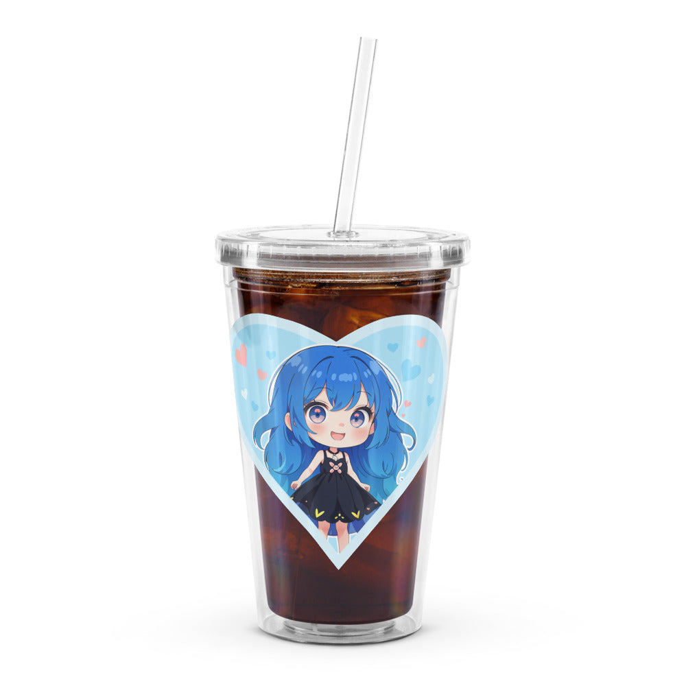 Blue Chibi Love Tumbler featuring a cute blue-haired character in a heart, perfect for sipping drinks on Valentine’s Day.