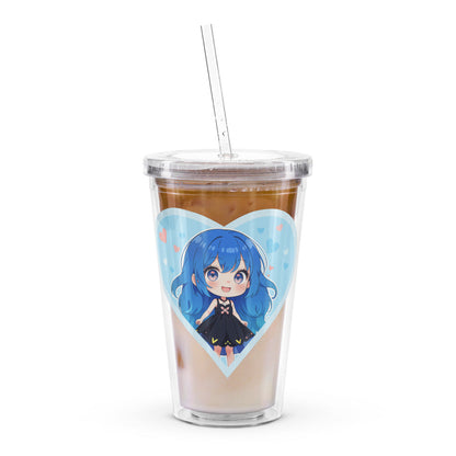 Blue Chibi Love Tumbler featuring a blue-haired chibi in a heart, perfect for Valentine’s Day sips.