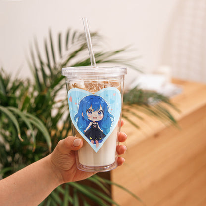 Clear tumbler featuring a blue-haired chibi character in a heart, set against a soft blue backdrop with pastel accents.