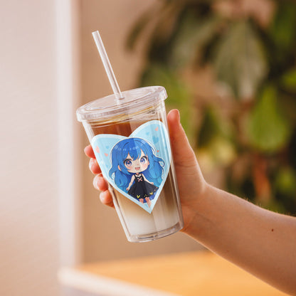 Blue Chibi Love Tumbler featuring a blue-haired chibi in a heart, perfect for sipping drinks with kawaii charm!