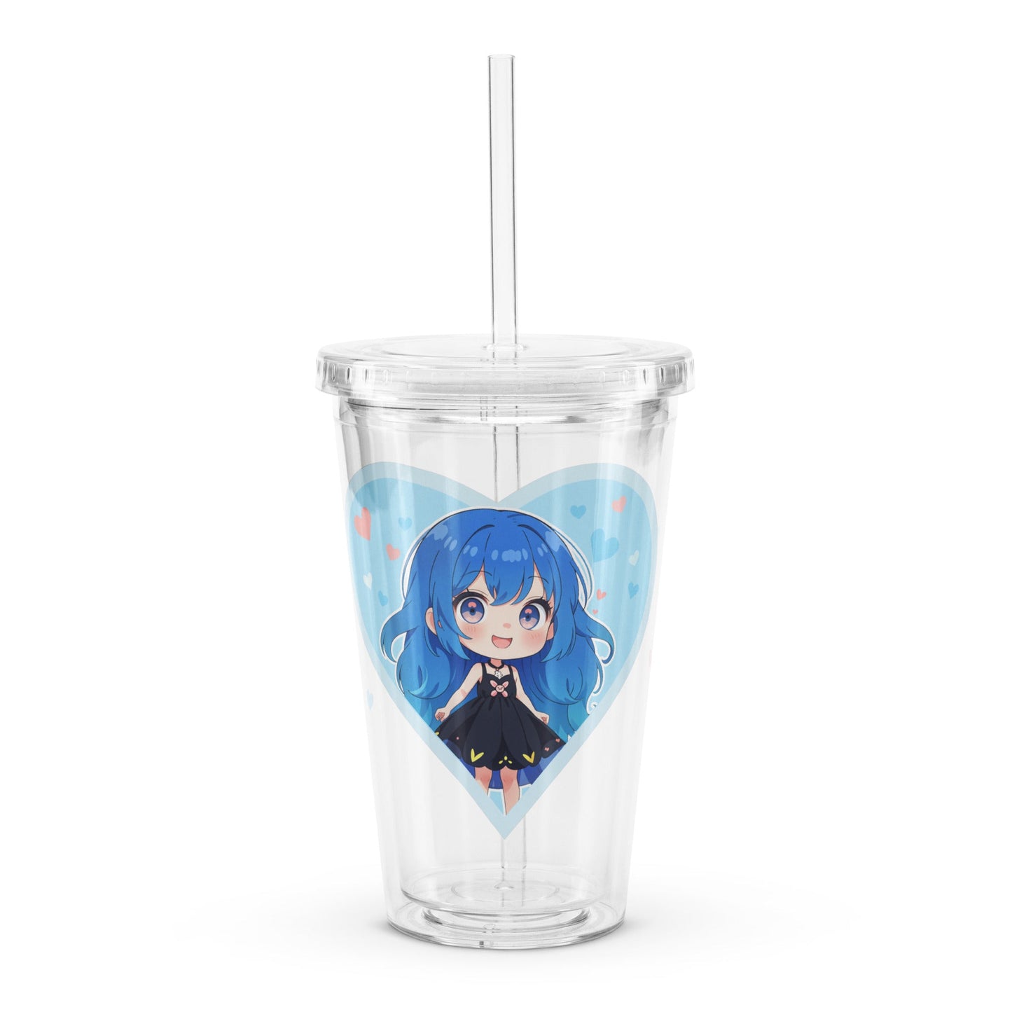 Charming tumbler featuring a blue-haired chibi in a heart, perfect for Valentine's Day and anime lovers.