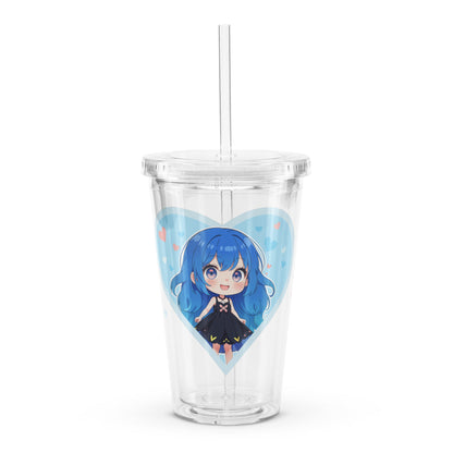 Charming tumbler featuring a blue-haired chibi in a heart, perfect for Valentine's Day and anime lovers.