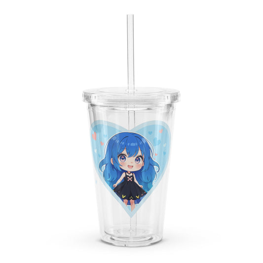 Charming tumbler featuring a blue-haired chibi in a heart, perfect for Valentine's Day and anime lovers.