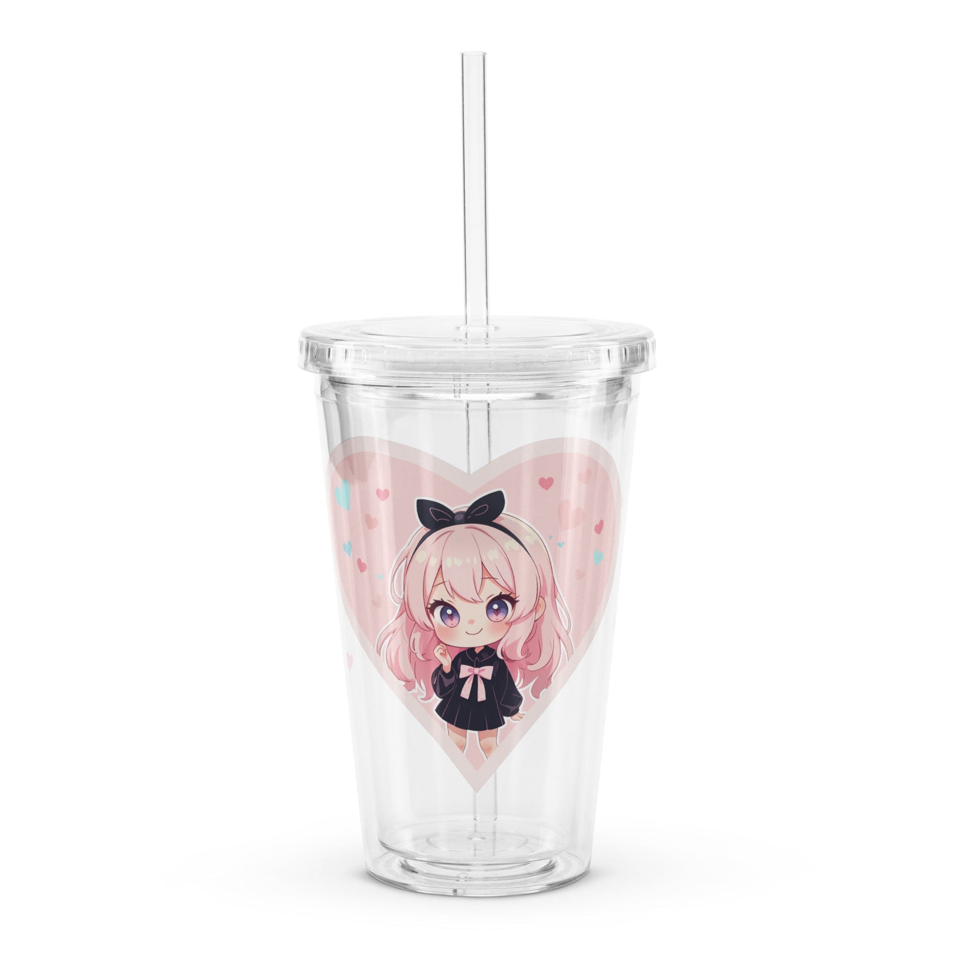 Charming 16oz tumbler featuring a cute chibi character in a pink heart, perfect for Valentine’s Day sipping.